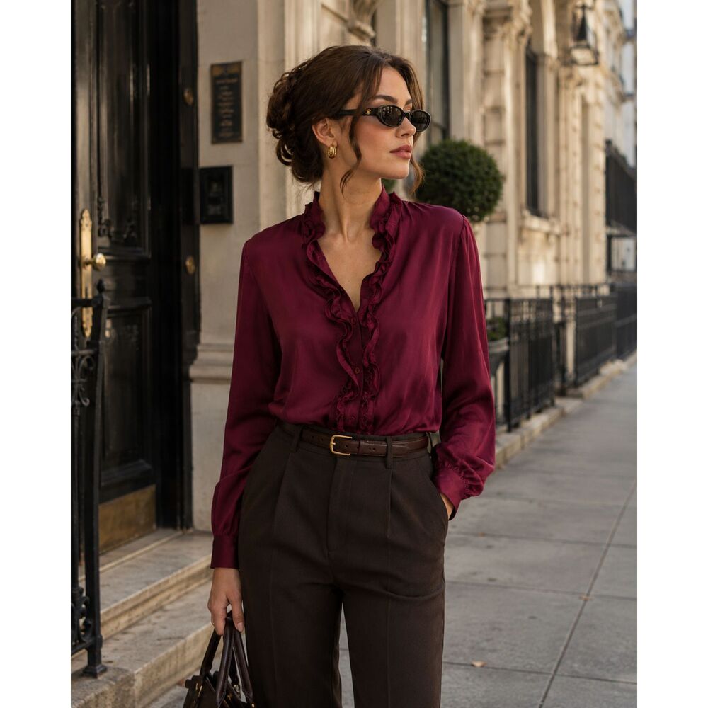 Vintage 100% Silk Burgundy Wine Ruffle Blouse Women's M Long Sleeve Romantic Y2K